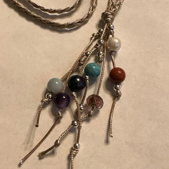 ARTISAN Gemstones and Pearls Braided Tan Cord Tassel Necklace 23 1/2” long - Picture 8 of 14